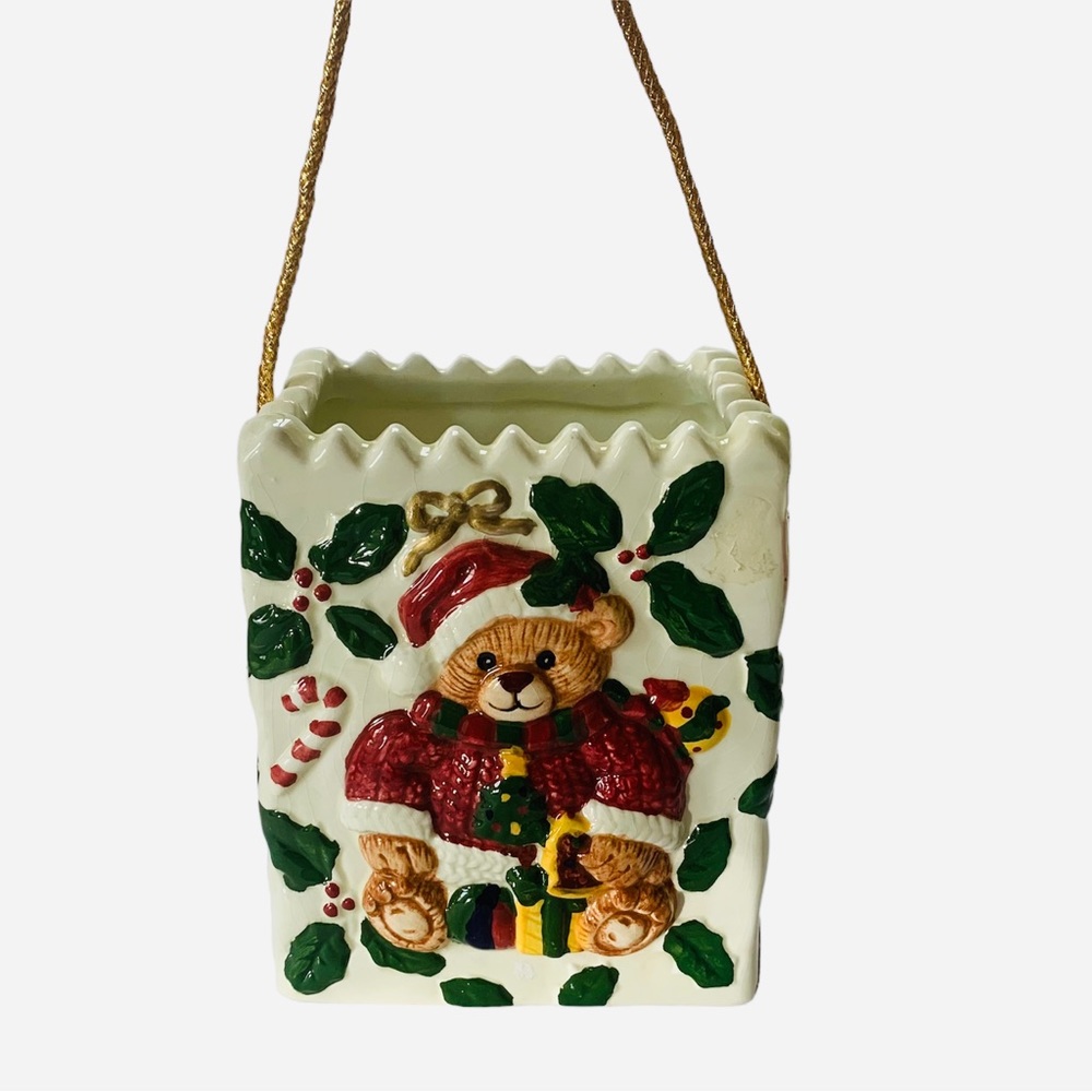 Vintage Jay Imports Santa Teddy Bear Porcelain Cookie Giftbag